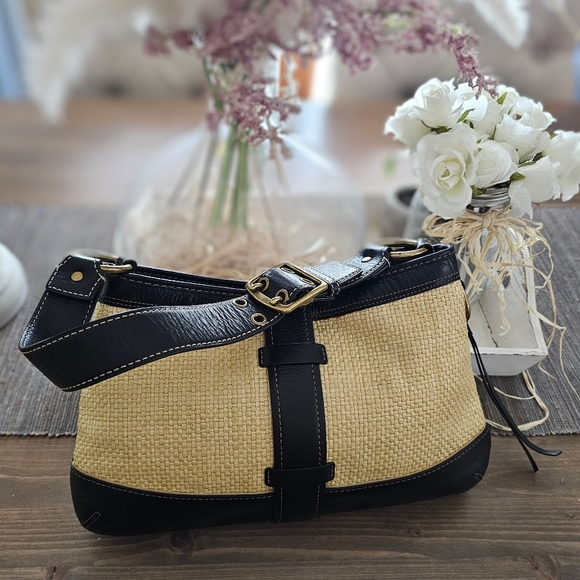 Vintage Coach Legacy Leather Trimmed Manufactured Straw Hobo Shoulder Bag - Picture 5 of 16